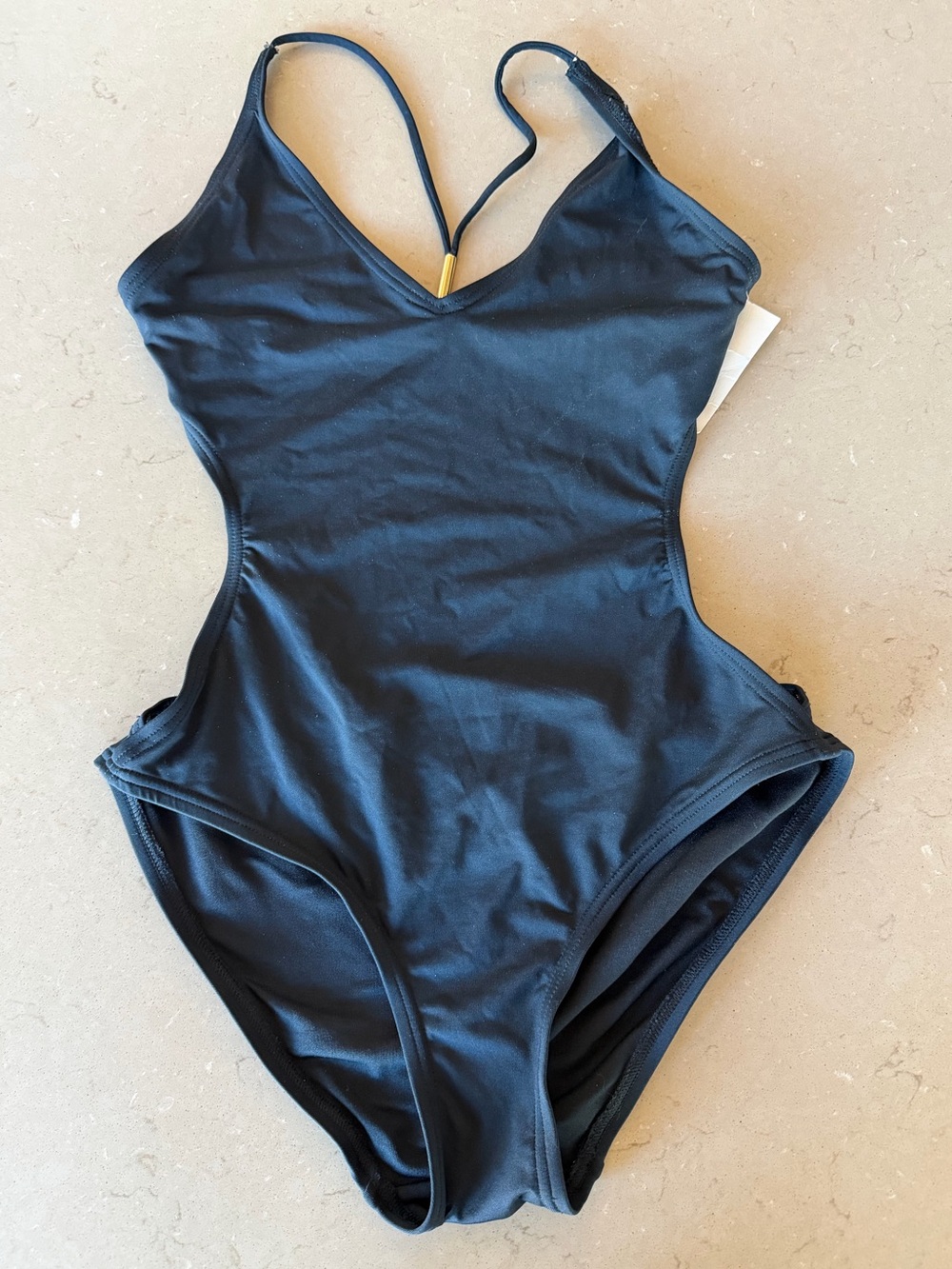 NWT Vince Camuto Black Cutout One-Piece Swimsuit Gold Hardware Thin Straps Sz 8